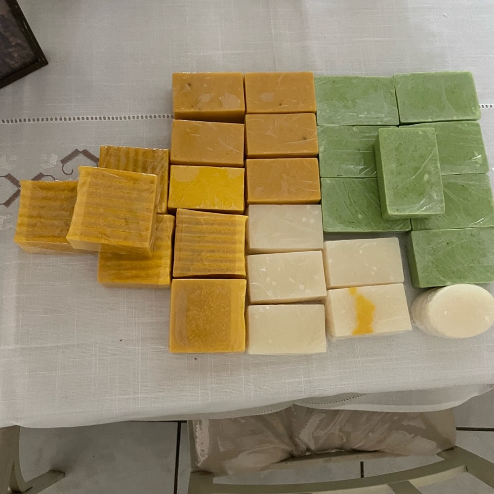 Handmade Soap Collection in Green, Yellow, and Cream